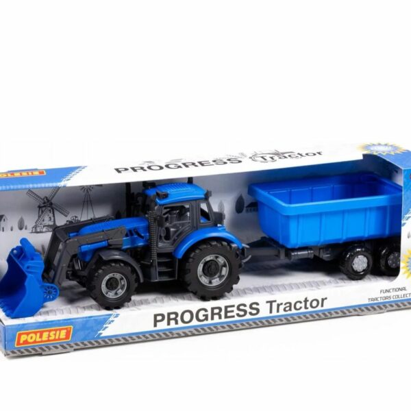 تراكتور ازرق مع جرافة وعربة